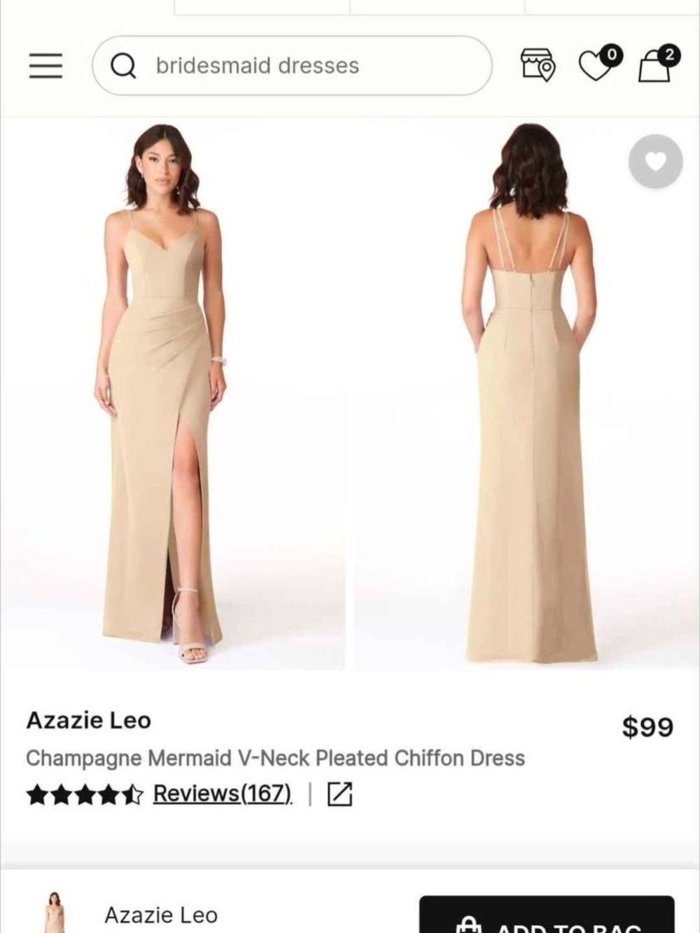 Azazie Champagne V-Neck Slit Mermaid Dress